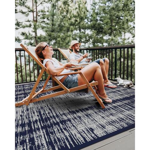 MontVoo Outdoor Rug Waterproof 8x10 ft Outdoor Carpet Patio Rug Mat Reversible RV Camping Rug Plastic Straw Outside Rug for Balcony Porch Deck Picnic Beach Modern Navy