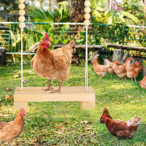 Jorewood 40cm Natural Wooden Chicken Swing Perch with Iron Monkey Decoration & Adurable Rope - Safe Poultry Toy for Hens, Birds with Wooden Beads & Durable Design