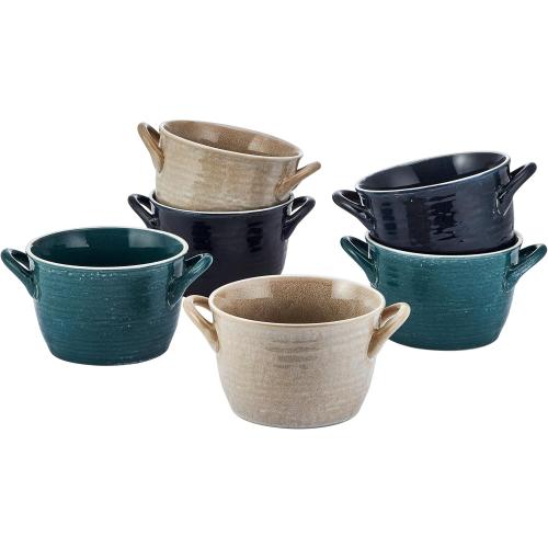 Pfaltzgraff Cauldron All-Purpose Soup Cereal Bowls, 6-Piece Set of 6-inch Stoneware Bowls in Teal, Blue, and Taupe - 30 oz Snack, and Serving Bowls