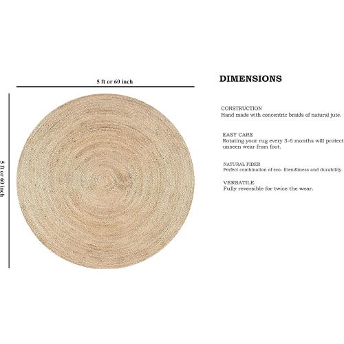 FRELISH DECOR Handwoven Jute Area Rug - 5 feet Round - Natural Yarn - Rustic Vintage Beige Braided Reversible Rug - Eco Friendly Rugs for Bedroom - Kitchen - Living Room - Farmhouse (5' Round)