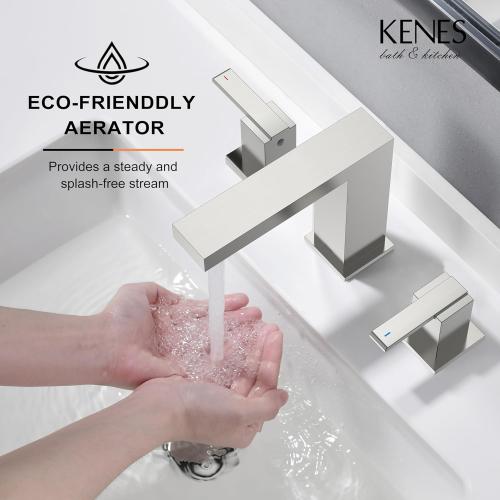 KENES Brushed Nickel Widespread Bathroom Faucet 2 Handle Bathroom Sink Faucet 3 Hole, 8-Inch 3 Pieces Vanity Faucet with Pop Up Drain & Supply Lines, KE-9050-P