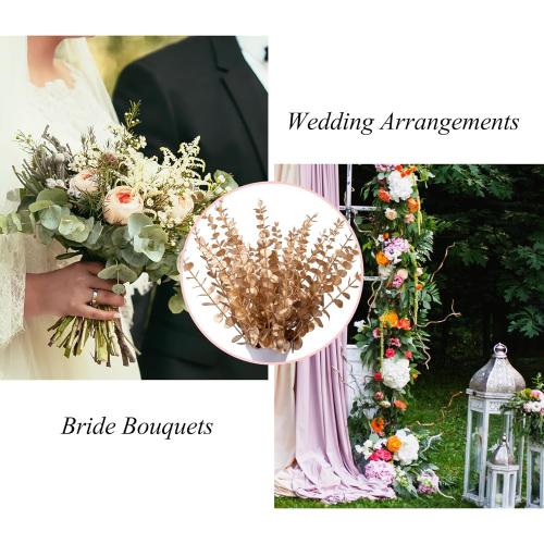 FEQO 36 Pcs Gold Eucalyptus Stems Artificial Leaves Faux Eucalyptus Stems Branches 15 inch for Wedding Bouquet Home Decor