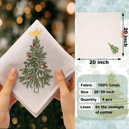 Newwiee Christmas Linen Napkin Set of 4 100% Linen Cloth 20 Inch Christmas Tree Embroidered Napkin Square Dinner Serviette Soft & Durable Holiday Table Decor Xmas Wedding Cocktail Party Supply