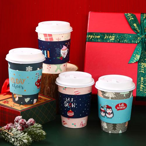 Yungyan  12 oz Christmas Disposable Coffee Cups with Lids and Sleeves Insulated Paper Coffee Cups with Dome Lids and Sleeves for Christmas Hot Chocolate Party Supplies(Lovely)