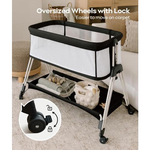 Fodoss Baby Bassinet Bedside Sleeper with Wheels and Storage Tray,4-Sided Mesh Bedside Bassinet for Infant/Newborn,7 Height Adjustable Easy Folding Bedside Crib