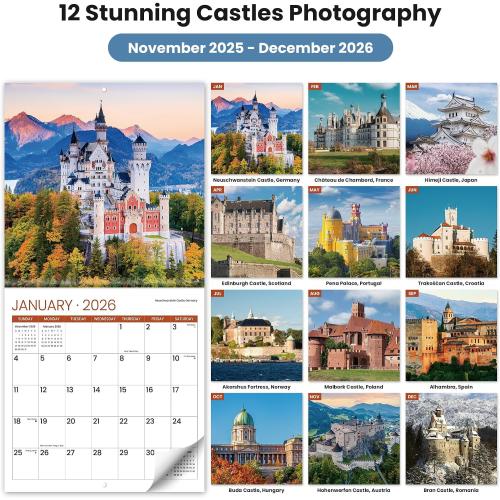 2026 Calendar, Castles Monthly Wall Calendar 2026 Runs from Nov 2025 – Dec 2026, Hanging Wall Calendar, 11.6 x 24Opened, Full Page Layout for Organizing, Perfect Present