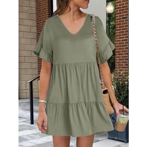 Size L ANRABESS Dresses for Women Summer 2025 V Neck Ruffle Sleeve A Line Tiered Flowy Casual Trendy Mini Beach Dress with Pockets