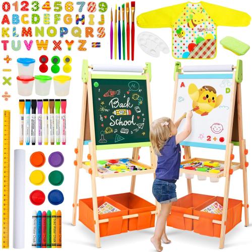 Kids Easel Including 100  Accessories, Rundad Double Sided Wooden Easel for Kids Age 3-8 with Magnetic Chalkboard & Painting Board, Free Height Adjustable Art Easel Supplies for Toddlers