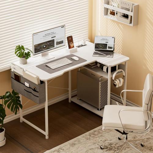 COLOR BLACK Small Gaming Desk with Power Outlets, 40 Inch L Shaped Desks with Reversible Shelves and Storage Bag,Computer Desk Corner Desk PC Desk for Gaming and Home Office Table