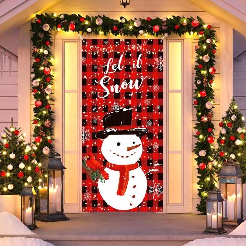 Plaid Christmas Door Cover Snowman Door Banner Decorations Red Black Buffalo Plaid Let It Snow Snowman Cardinal Door Cover Backdrop Sign for Christmas Winter Holiday Indoor Outdoor Party Supplies