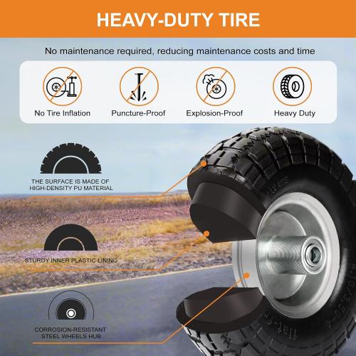 4.10/3.50-4 Tire and Dolly Wheel Flat Free - Solid Rubber Hand Truck Wheels 5/8 Axle - Gorilla Cart Tires Replacement for Garden, Wagon, Yard and Wheelbarrow (10 Inch 4 Pack)