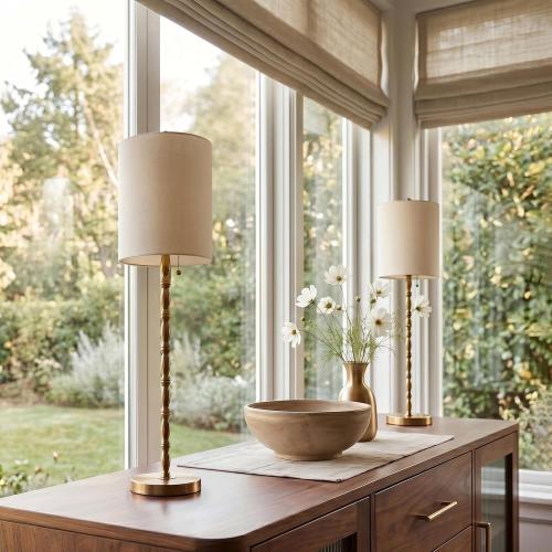 Buffet Lamps Set of 2, 28.5 Tall Brass Finish Lamps for Entryway, Hallway, Console Table, Dining Sideboard or Living Room, UL Certified with Pull Chain, Linen Shade, Urban Luxury Style