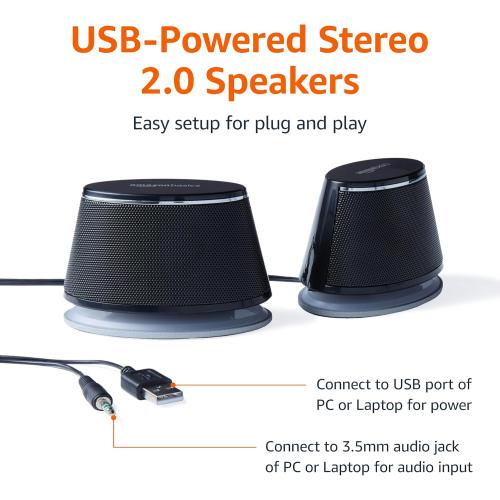 Amazon Basics Stereo 2.0 Speakers for PC or Laptop, 3.5mm Aux input, USB-Powered, 1 Pair, Black