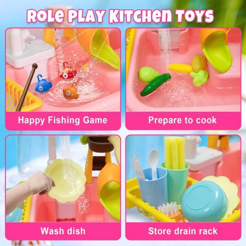 Color Pink Toddler Water Table with Automatic Water Cycle System, Water Table for Kids 4-8 Fishing Kitchen, Play Sink with Running Role-Play Sand for Kids Gift Toy (Pink)