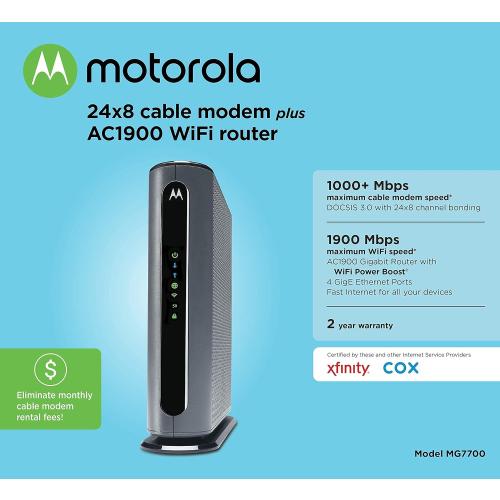 Motorola MG7700 Modem WiFi Router Combo with Power Boost | Approved by Comcast Xfinity, Cox and Spectrum | for Cable Plans Up to 800 Mbps | DOCSIS 3.0   Gigabit Router