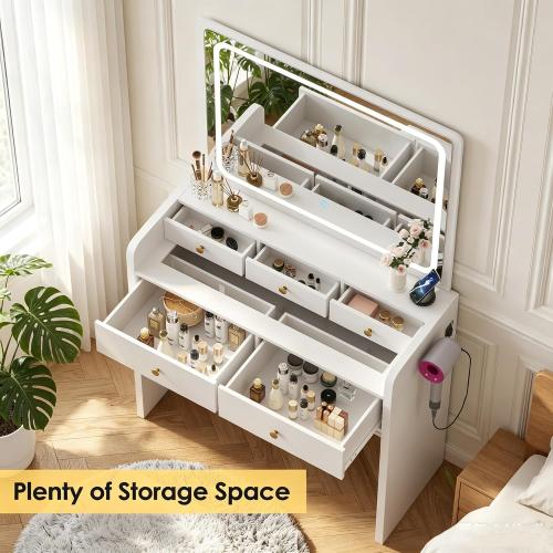 Makeup Vanity Desk Set with LED Lighted Mirror Glass Top Dressing Table & Stool, 5 Storage Drawers, Power Outlet, Hair Rack Stepless Dimmable Lights (3 Color Modes), White (the mirror is broken; see the picture) (NO TEST)