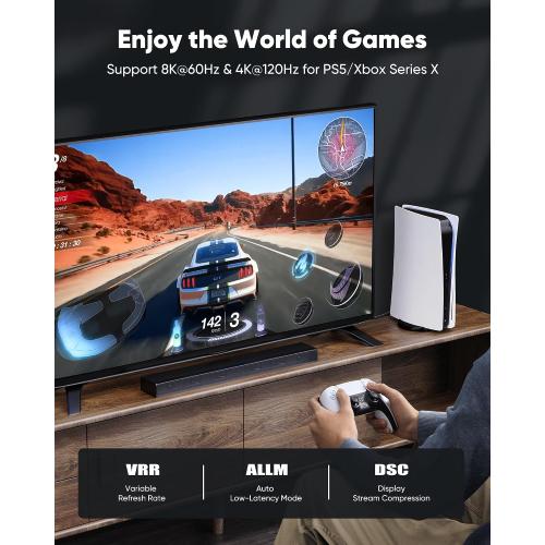 Capshi 2ft 8K 4K@120Hz HDMI Cable 2.1, 48Gbps High Speed Cord for PS5/4, TV, Gaming Console, Monitor, 8K@60Hz, 2K@240Hz, 144Hz, Support HDR, eARC, DTS:X, HDCP 2.2 & 2.3, Braided, Black