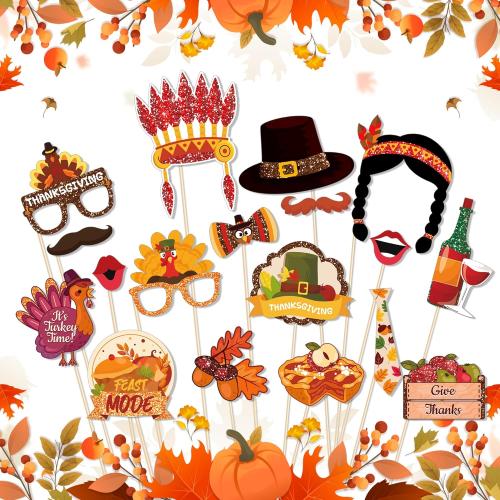 30 Pcs Thanksgiving Photo Booth Props, Fall Maple Leaf DIY Set, Photo Booth Birthday Party Decoration, Decoration Props