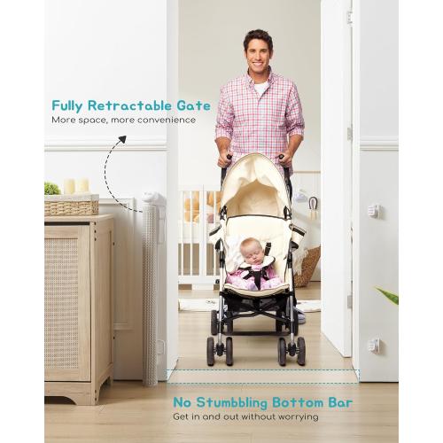 Retractable Baby Gate, Exquisite Rattan Mesh, 33 Tall, Expands to 55 Wide, Dog Gate for Stairs, Doorway, Hallway, Indoor/Outdoor Pet Fence, Walk-Through Design with No Bottom Bar, Beige