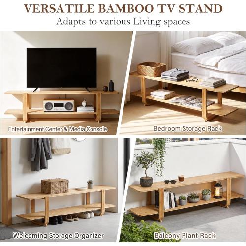 Wood Bamboo TV Stand for 55-Inch TVs, 2 Open Shelves, Modern Console | Mid Century Style, Open Storage for Electronics and Decor in Living Rooms and Bedrooms