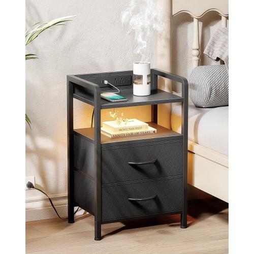 Night Stand Bedside Charger Bedroom - Nightstand with Charging Station & LED Light Strip, Night Stand with Storage Shelf & 2 Fabric Drawers, Morden End Table with U-S-B Ports & AC Outlets