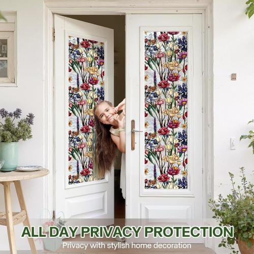 Stained Glass Window Film UV Resistant Window Privacy Film, Colorful Flowers Privacy Films Rainbow Decals Bathroom Bedroom Sun Blocking Decor Removable Static Cling Stickers 23 x 39.37 Inch