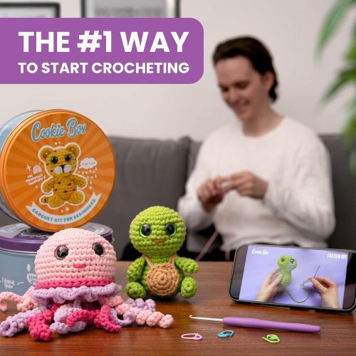 Cookie Box Original Crochet Kit for Beginners – Gift Set to Make Turtle Hugo Amigurumi Plushie – Easy DIY Crochet & Knitting Starter Kit with Video and PDF Tutorials
