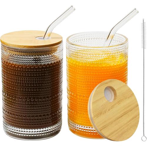 15 Oz Glass Cups with Lids and Straws, Vintage Embossed Glassware for Whiskey Cocktail Beer, Iced Coffee Cup with Lid (2 PACK)