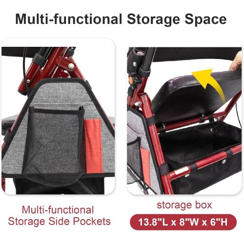 Lightweight Foldable Rollator Walkers with Seat for Seniors, 350 lb Capacity, 5-Position Adjustable Height, Premium Hybrid Rolling Walker - Aluminum and Carbon Steel (Red)