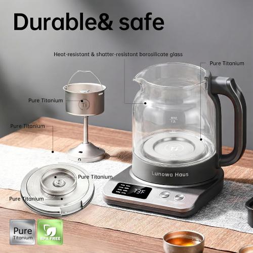 120V Titanium & Glass Electric Tea Kettle, Pro Steam Extraction for All Teas (Green, Black, Oolong), 11 Temp & 10 Strength Levels, 1.2L, 12H Keep Warm, BPA-Free, 1 Infusers
