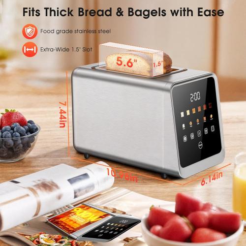 Toaster 2 Slice with Smart Digital Touchscreen & 1-Touch Memory | Stainless Steel 1.5 Extra-Wide Slots for Bagels & Artisan Bread | 900W for Fast, Even Toasting | Defrost, Reheat, Single-Slice Mode