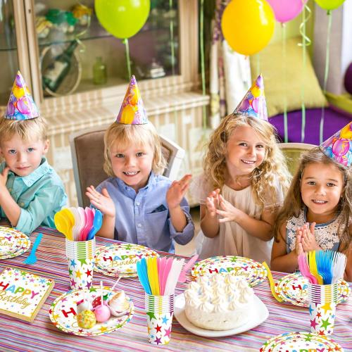Meanplan Serves 24 Guests Happy Birthday Plates and Napkins Rainbow Star Birthday Tableware Set Rainbow Happy Party Decorations for Kids Included Cups Knives Forks Spoons Total 168 Pcs
