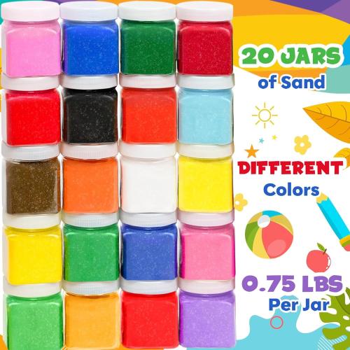 Sand for Sand Art [ 20 Colors: 15 lbs ] Colored Sands Bulk, Delightful Sands Art Fun for Crafts, Parties, Children, Nice Colorful Fun Sandy Crafts for Kids Age 3 , Non-Toxic, 20 Jars