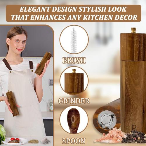 Wooden Salt And Pepper Grinder Set - 8″ Acacia Mills, Adjustable Ceramic Core, Refillable Wood Salt and Pepper Shakers With Tray, Spoon & Brush