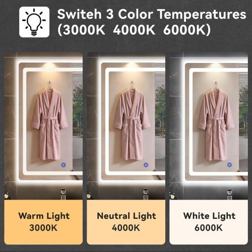 18“ x 24” LED Bathroom Smart Mirror, Rectangle Mirror with Three Color Light Temperature Brightness Settings,Backlit   Front Lit,Wall-Mounted Vanity Mirror with Memory Function