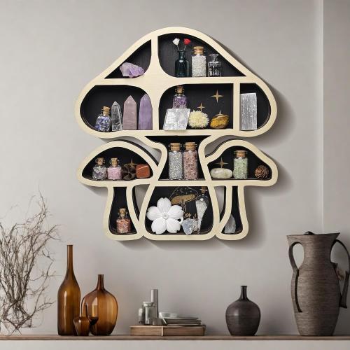 Mushroom Decor Floating Shelves, Crystal Display Shelf for Wall, Cute Whimsy Mushroom Wall Decor, Rock Gem Stone Organizer, Essential Oil Holder Hanging Case, Meditation Art Spiritual Gift