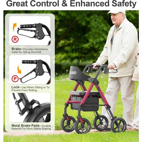 Walkers for Seniors with Seat, Foldable Rollator Walker, Reinforced Aluminum Frame, 8 Big Rubber Wheels for All Terrain, Height Adjustable Lightweight Rolling Walker