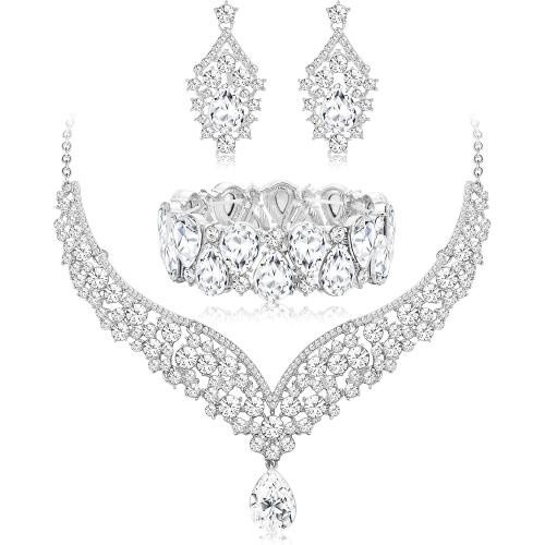 IRONBOX Crystal Wedding Bridal Jewelry Set for Women Prom Sliver Rhinestone Teardrop Necklace Earrings Bracelet Wedding Bridesmaid Gifts Fit with Wedding Dress