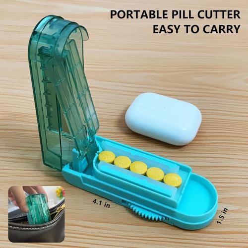 Johnbee Pill Cutter Splitter for Small and Tiny Pills, Larger Pills. Adjustable Pill Splitter Accurately Cuts Multiple Pills at Once. Sharp Blade with Safety Guard. Non-Slip Silicone Edge (Lake Blue)