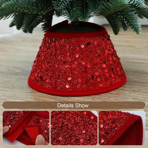 7.5 Inch Glittering Christmas Tree Collar, Sequin Rustic Mini Tree Skirt Base Cover for Small Tabletop Trees, Holiday Home Decor Gift, Red