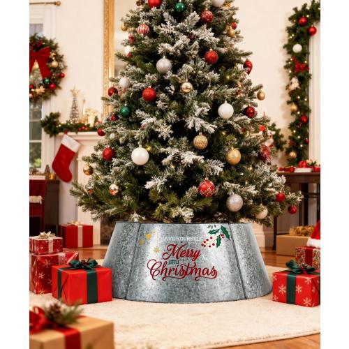 Putuo Decor Galvanized Christmas Tree Collar for 6-7.5 Ft Trees Metal Adjustable Stand Cover with Printed Merry Christmas Farmhouse Decor for Artificial Trees, 27 in Silver