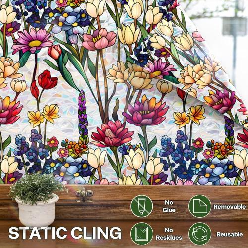 Stained Glass Window Film UV Resistant Window Privacy Film, Colorful Flowers Privacy Films Rainbow Decals Bathroom Bedroom Sun Blocking Decor Removable Static Cling Stickers 23 x 39.37 Inch