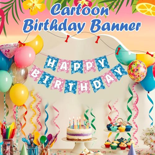 VitalCozy Blue Pink Hibiscus Cartoon Birthday Decorations Pre-strung Happy Birthday Banner for Blue Pink Alien Cartoon Hawaii Party Supplies