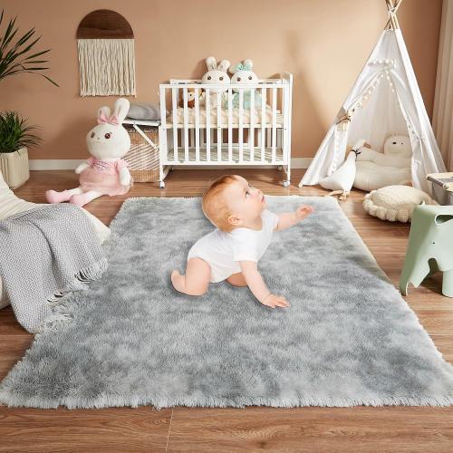 Floralux 5x7 Area Rug for Bedroom, Tie-Dye Light Grey, Living Room Shag Rugs, Non-Slip Shaggy Floor Carpet for Teens Dorm, Bedside, Playroom, Nursery, Home Decor Aesthetic