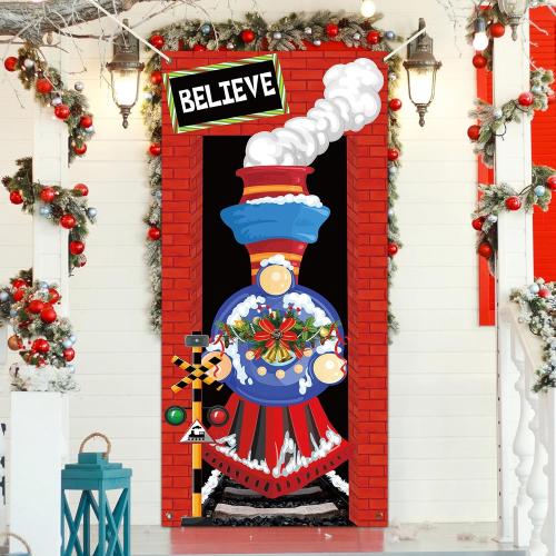 Christmas Express Train Door Cover Decoration Christmas Believe Front Hanging Banner Xmas Holiday Train Door Cover Sign for Home Wall Indoor Outdoor Party