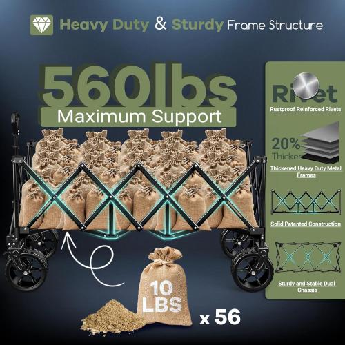 300L Extra Large Wagons Carts Foldable, 560LBS Heavy Duty Collapsible Beach Wagon 48 Long with Big All-Terrain Wheels, Utility Folding Cart for Camping, Grocery, Sports, Garden, Black