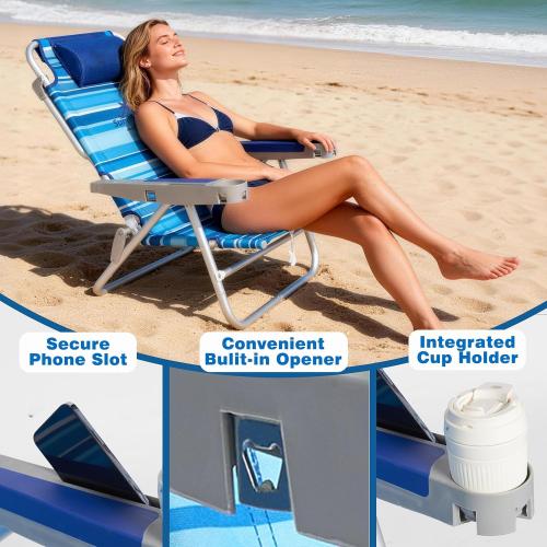 SUNNYFEEL Extra Wide 28 Low Beach Chair 5 Position Lay Flat, XL Oversized Portable Folding Camping Chairs with Cup Holder for Outdoor/Trip, Lightweight Foldable Backpack Beach Chair for Adults