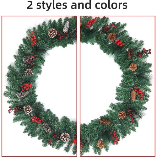 9FT Christmas Garland，Battery Operated Lighted Garland with Pine Cones Red Berries Lush Branches，50 LED Lights 8 Modes，Christmas Decorations