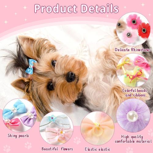 Janinka 40 Pieces Dog Bows Cute Dog Hair Bows for Puppy Hair Bowknot with Rubber Bands Lace Organza Rhinestone Pearls Multicolor Pet Grooming Accessories