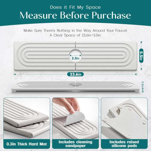 Large Faucet Mat for Kitchen Sink - Stone Drying Mat for Kitchen Counter, Diatomite Fast Drying Stone Sink Tray, Super Absorbent, Stylish Decor and Protector for Bathroom (Light Grey, 23.6 x 5.5)